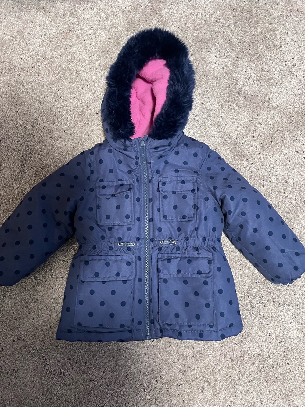 Toddler Girl-Navy Polka Dot Hooded Winter Coat with Pink Lining